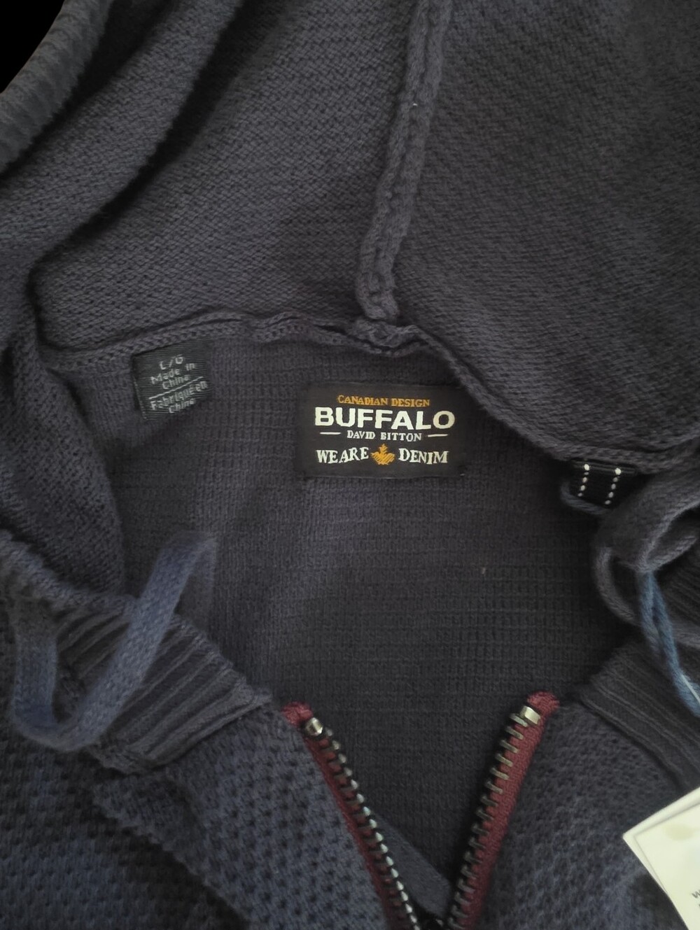 Buffalo David Bitton Navy Zip-Up Knit Hoodie with Maroon Trim
